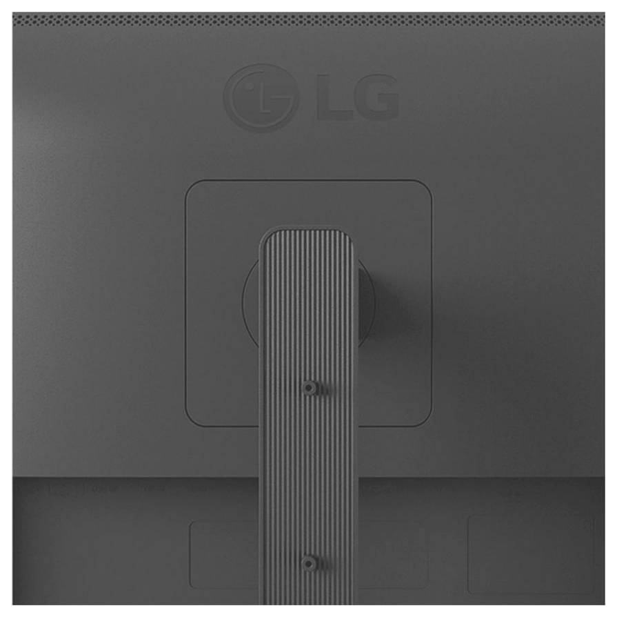 Eine schwarze LG-Monitoransicht von hinten, die den Ständer und das LG-Logo zeigt.