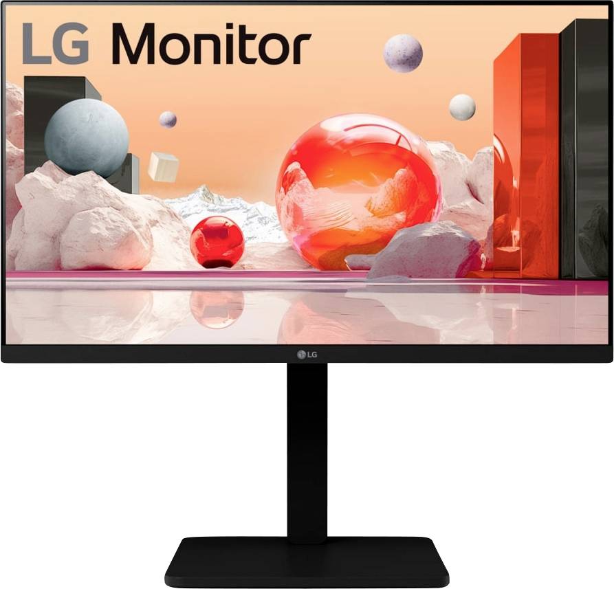 LG Monitor mit einem 3D-abstrakten Design, das rote und graue Kugeln und Würfel zeigt, vor einer futuristischen Landschaftskulisse.