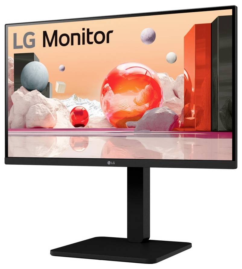 LG-Monitor mit einer lebendigen, futuristischen Landschaft, die farbenfrohe Kugeln und geometrische Formen vor einem orangefarbenen Himmelshintergrund zeigt.