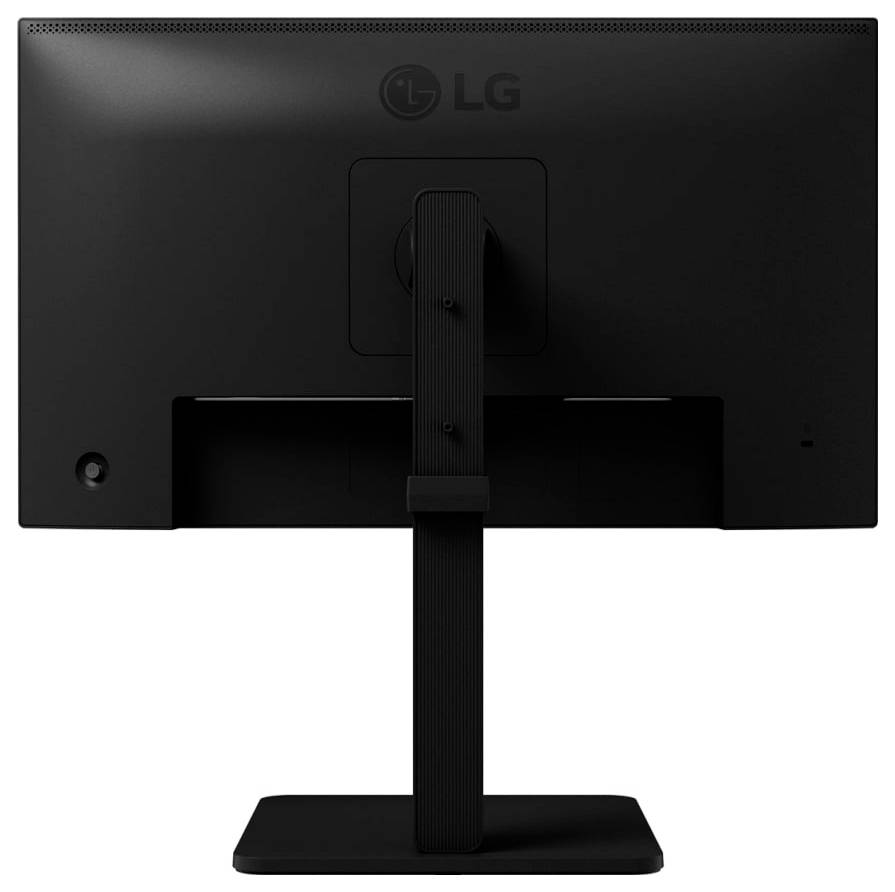 Rückansicht eines LG-Computermonitors mit einem schwarzen Ständer und Logo oben, der einen verstellbaren Metallstützarm zeigt.