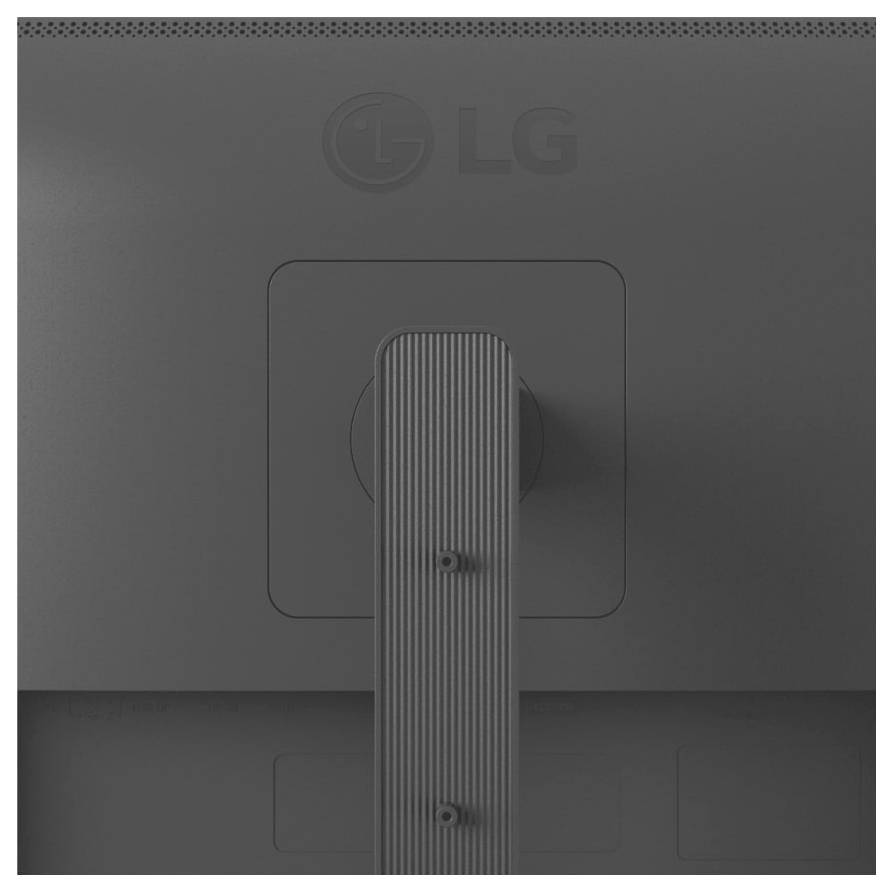 Rückansicht eines LG-Computermonitors, der die Standhalterung und Lüftungsgitter zeigt.