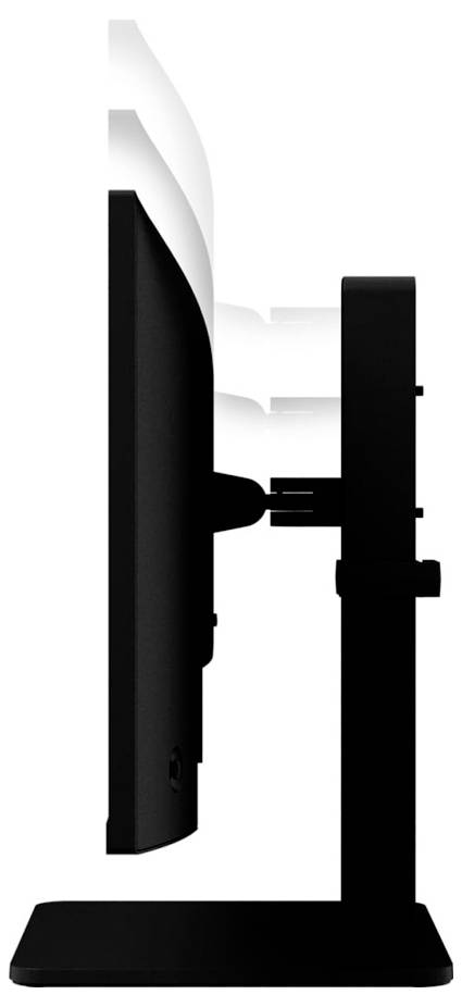 Seitenansicht eines schwarzen Computermonitors mit einem einfachen Ständer.