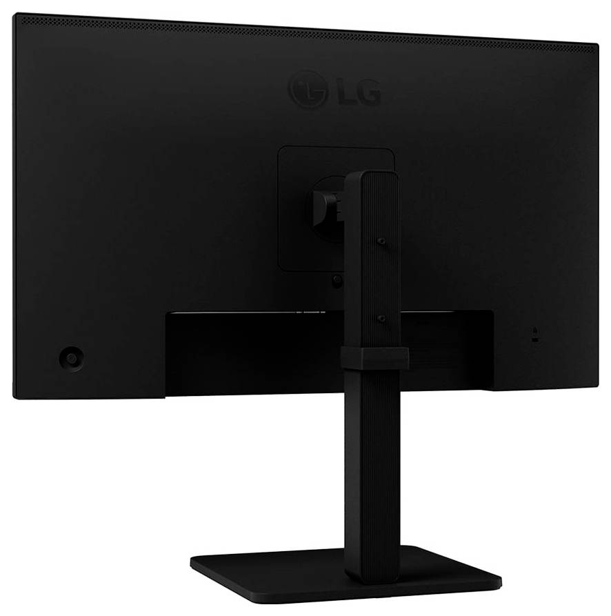 Ein schwarzer LG-Computermonitor, von hinten gezeigt, auf einem Ständer montiert. Das LG-Logo ist sichtbar und unterstreicht das elegante Design.