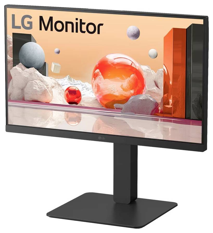 Ein Computermonitor, der ein digitales Kunstwerk mit schwebenden Kugeln und geometrischen Formen vor einem orangefarbenen Himmel zeigt, beschriftet mit 'LG Monitor'.
