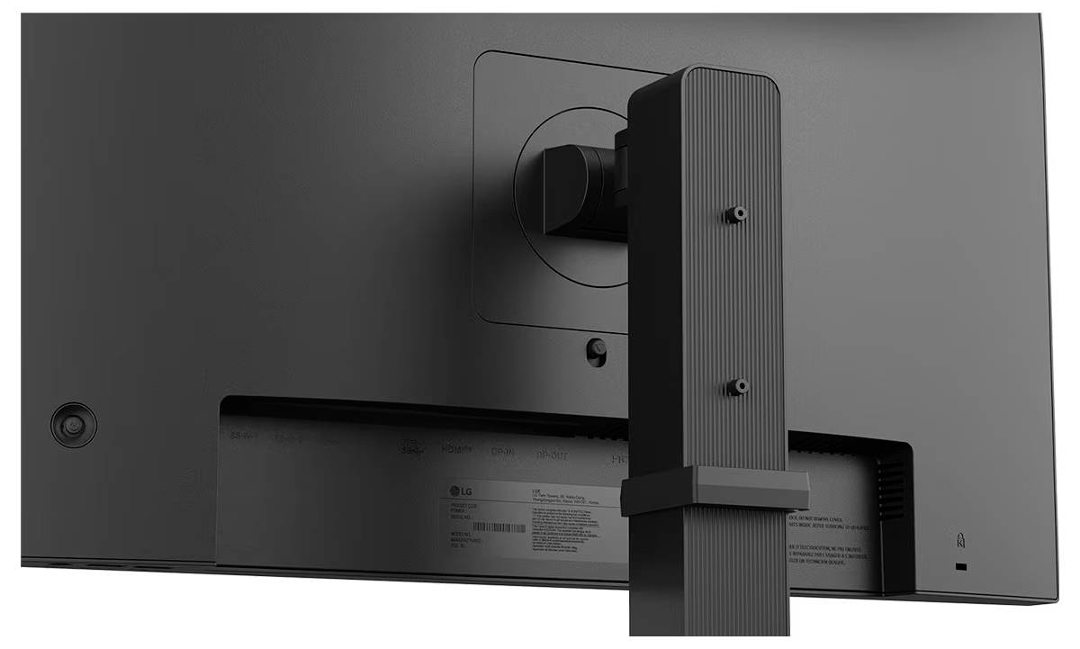 Rückansicht eines schwarzen Computermonitors auf einem Ständer, der sein elegantes Design und den verstellbaren Befestigungsmechanismus zeigt.