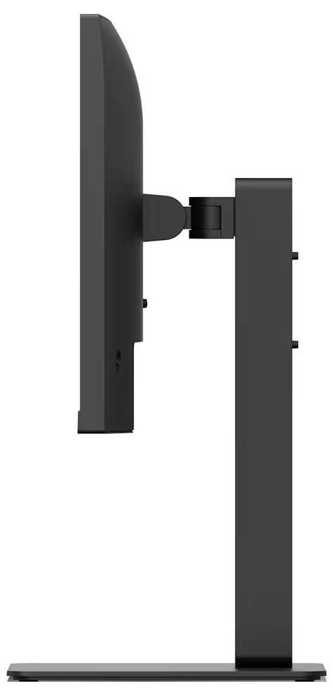 Seitenansicht eines dünnen schwarzen Computermonitors auf einem Ständer, der sein schlankes Profil und modernes Design präsentiert.