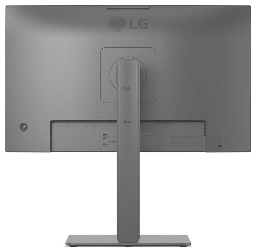 Rückansicht eines LG-Monitors, die den Standfuß und die Anschlüsse auf der Rückseite unten zeigt.