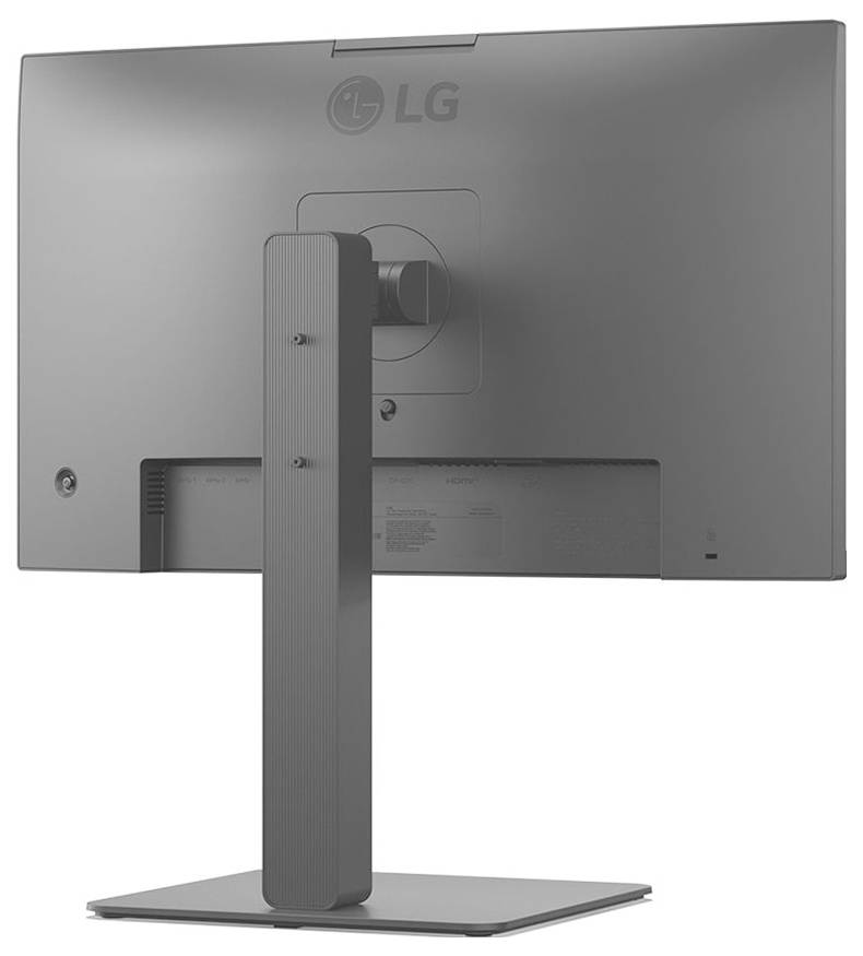 LG-Monitor von hinten auf einem Ständer, der ein schlankes, modernes Design mit klaren Linien und Kabelmanagement-Funktionen zeigt.