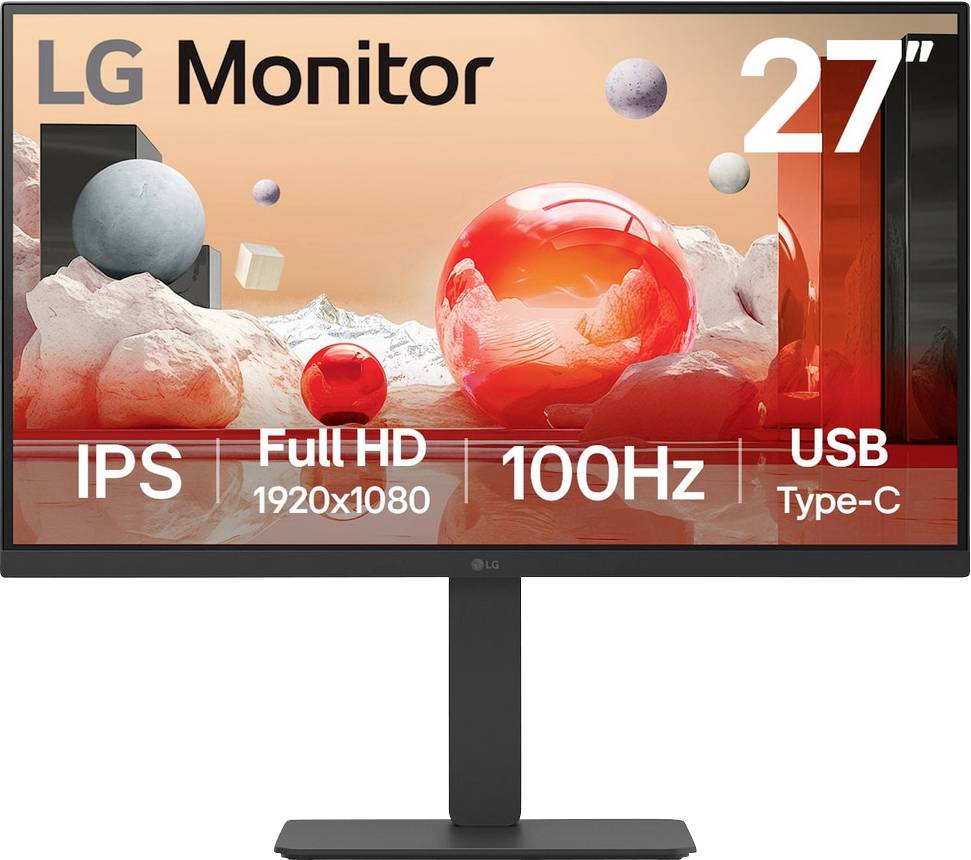 LG Monitor, 27 Zoll, IPS, Full HD 1920x1080, 100Hz, USB Typ-C, dargestellt über einem abstrakten roten und weißen sphärischen Designhintergrund.