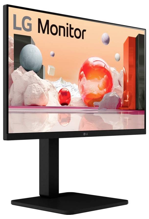 Ein schlanker LG-Monitor, der einen farbenreichen abstrakten Hintergrund mit großen, schwebenden Kugeln und geometrischen Formen auf einer reflektierenden Oberfläche zeigt.