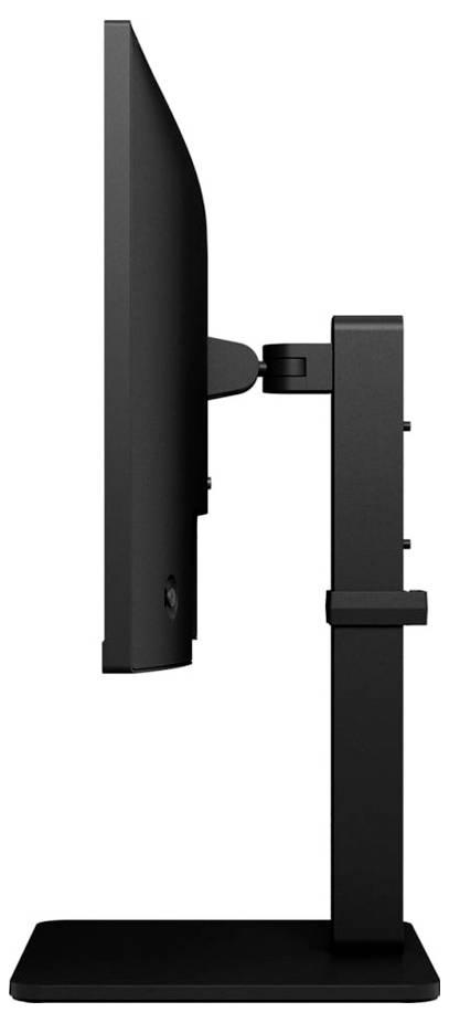 Ein Seitenprofil eines schwarzen Computermonitors auf einem Ständer, der sein schlankes Design und die Höhenverstellbarkeit präsentiert.