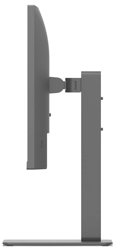 Seitenansicht eines flachen Computermonitors mit elegantem, modernem Design, der auf einer rechteckigen Standfläche steht.