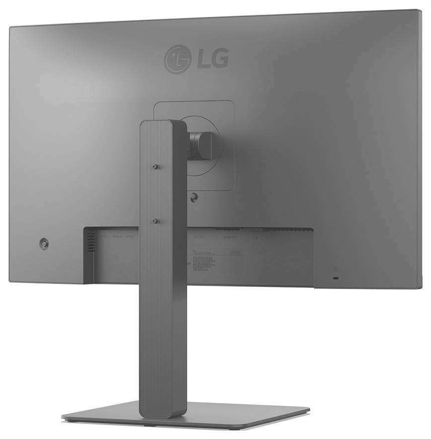 Rückansicht eines grauen LG-Computermonitors auf einem Ständer, die Anschlüsse und Lüftungsschlitze zeigend. Es sind keine Kabel angeschlossen.