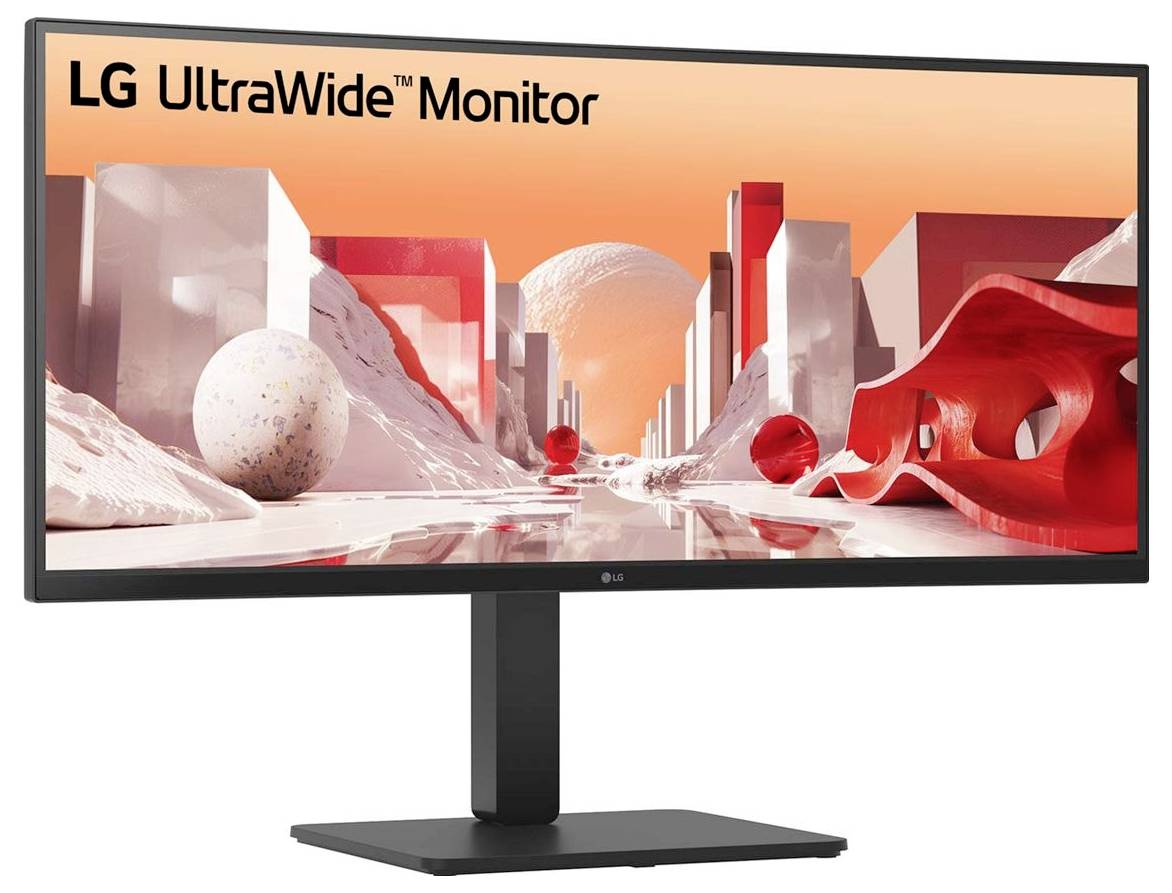 Ein breiter Monitor, der eine futuristische Landschaft mit geometrischen Formen in leuchtend roten und weißen Farben zeigt.