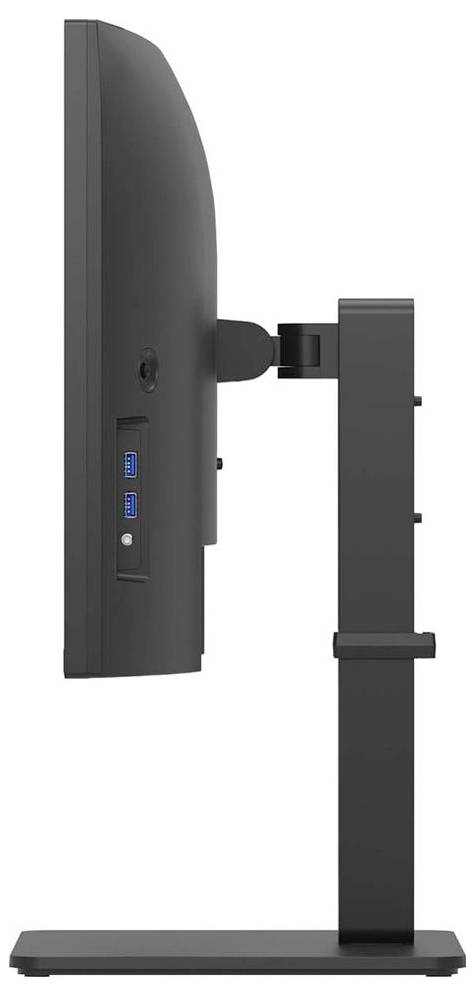 Seitenansicht eines schwarzen Computermonitors mit USB-Anschlüssen, auf einem verstellbaren Ständer präsentiert.