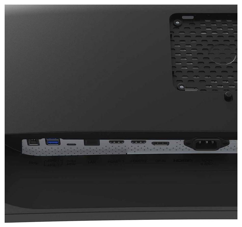 Bild eines Monitorhintergrunds mit mehreren Anschlüssen, einschließlich USB, HDMI und Stromanschluss, die die Konnektivitätsoptionen hervorheben.