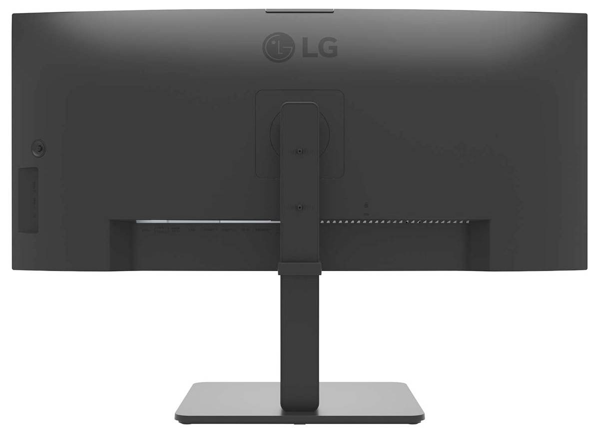 Rückansicht eines LG-Computermonitors auf einem Ständer, die den Halterungsmechanismus und den Einschaltknopf auf der linken Seite zeigt.