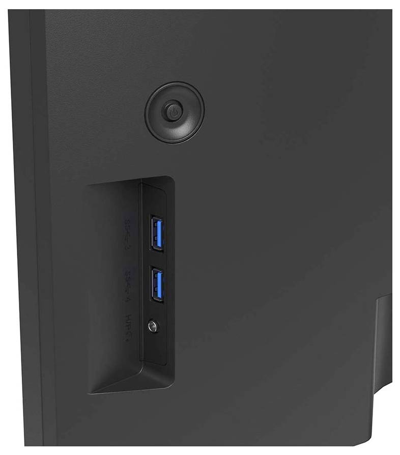 Seitenansicht eines schwarzen elektronischen Geräts mit zwei USB-Anschlüssen und einer Kameralinse.