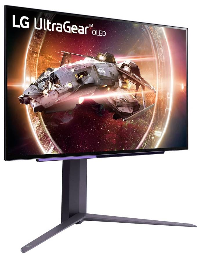 LG UltraGear OLED-Monitor zeigt ein Raumschiff, das in einer lebendigen kosmischen Szenerie mit kontrastreichen Farben schwebt.