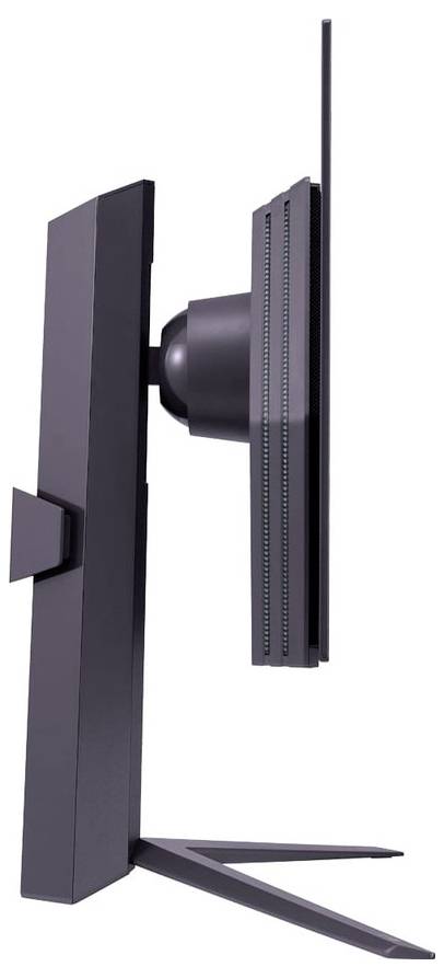 Eine Seitenansicht eines schlanken, modernen Computermonitors auf einem Ständer, der sein dünnes Profil und minimalistisches Design hervorhebt.