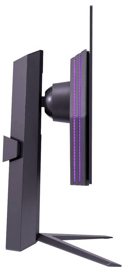 Ein schlanker, dünner Computermonitor, von der Seite betrachtet, mit einem minimalistischen Ständer und violetter LED-Akzentbeleuchtung auf seiner Rückseite.