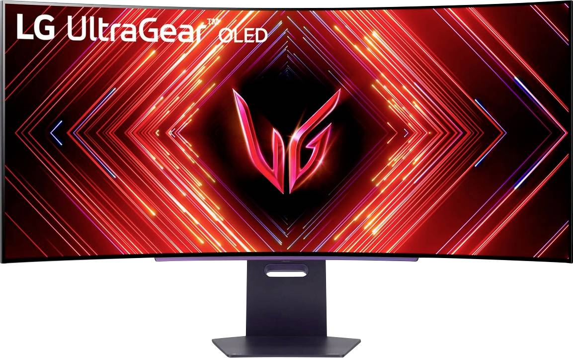 Gekrümmter LG UltraGear OLED-Monitor mit einem lebhaften roten geometrischen Design auf dem Bildschirm, der eine dynamische und immersive visuelle Erfahrung betont.
