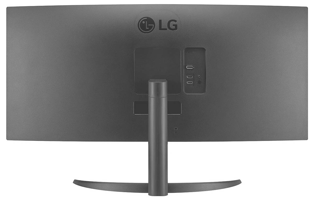Die Rückseite eines gebogenen LG-Monitors mit Anschlüssen und Ständer.