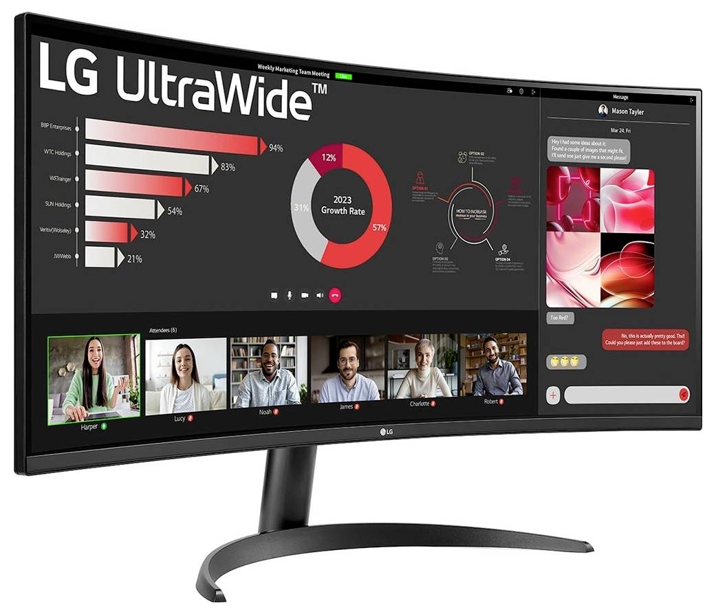 Rückansicht eines breiten LG-Computermonitors, der Anschlüsse und einen Ständer zeigt.