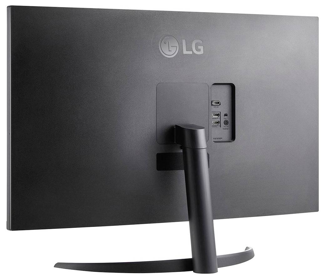 Rückansicht eines LG-Monitors mit Anschlüssen: USB, HDMI und Kopfhörereingang in einer zentralen Bedienblende.