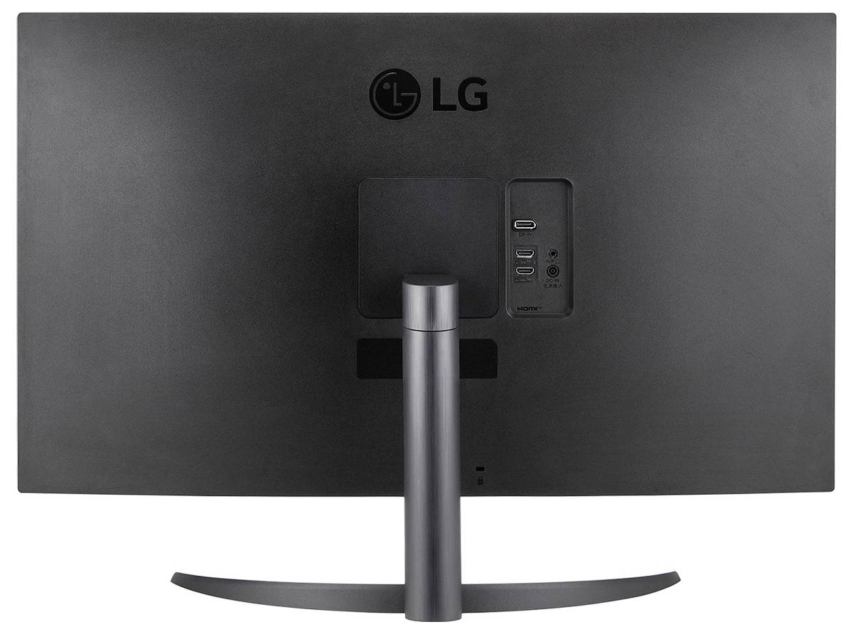 LG-Monitor von hinten, mit LG-Logo, Ständer und Anschlüssen.