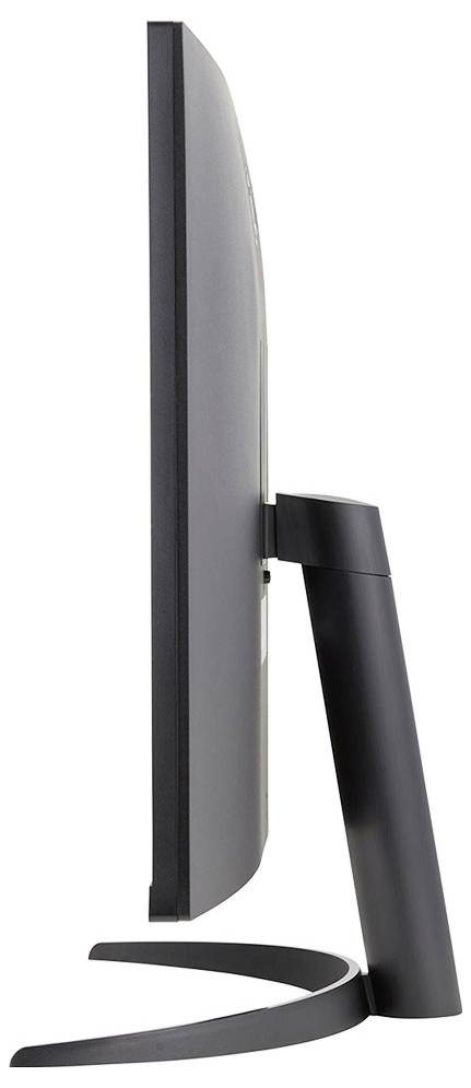 Seitenansicht eines schlanken, modernen Computermonitors mit geschwungener Form und einem eleganten, minimalistischen Ständer.