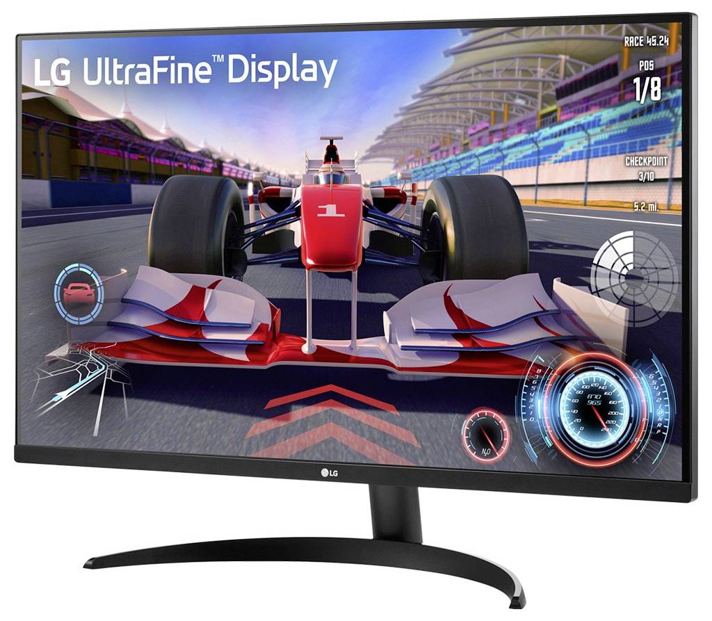 Rückansicht eines LG-Monitors mit zentralem Ständer, HDMI-Anschluss, zwei USB-Anschlüssen und einem Netzeingang.