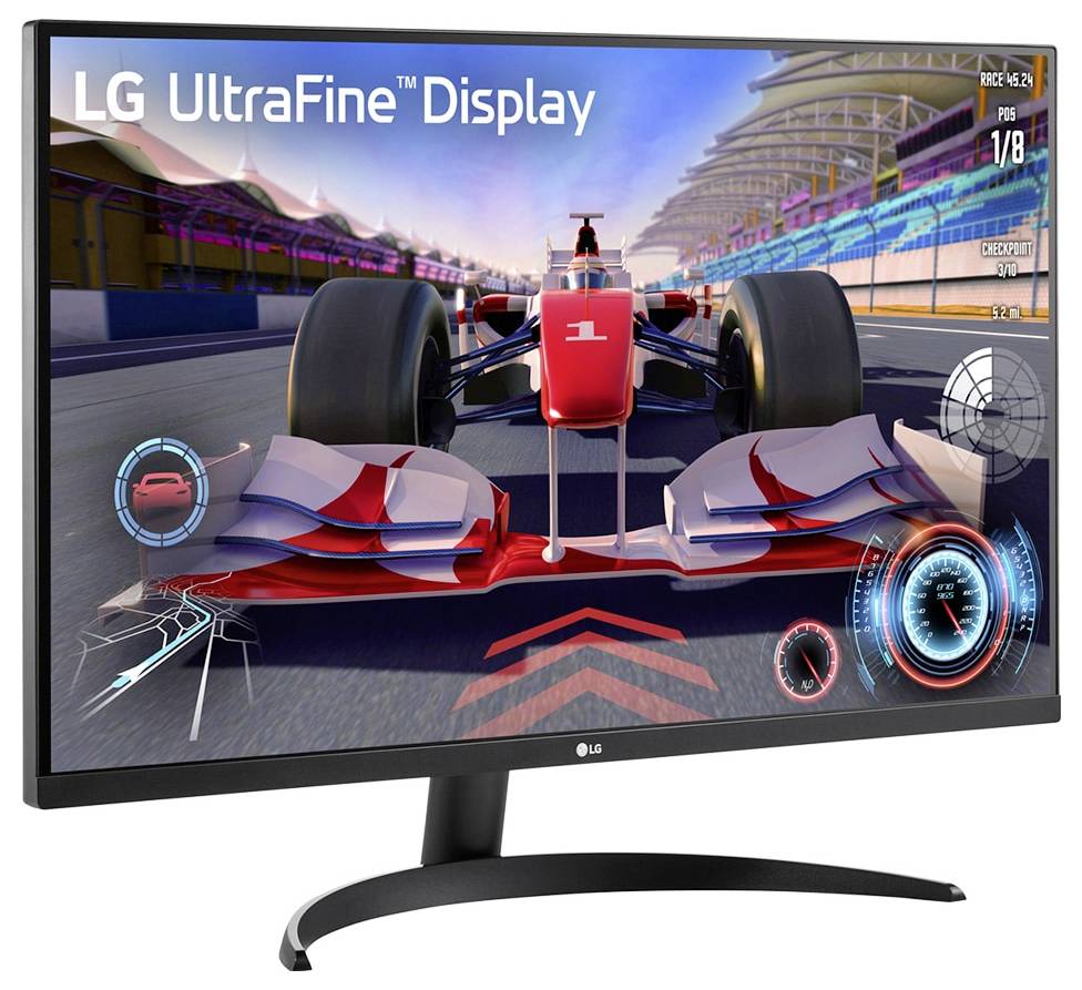 Ein Rennvideospiel, das auf einem LG UltraFine-Monitor angezeigt wird, mit einem roten Rennwagen auf einer Strecke, wobei Geschwindigkeits- und Navigationselemente auf dem Bildschirm zu sehen sind.