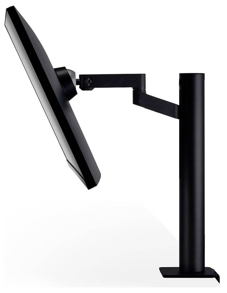 Seitenansicht eines Computermonitors auf einem verstellbaren Ständer, nach vorne geneigt, der ein ergonomisches Design für flexible Blickwinkel zeigt.