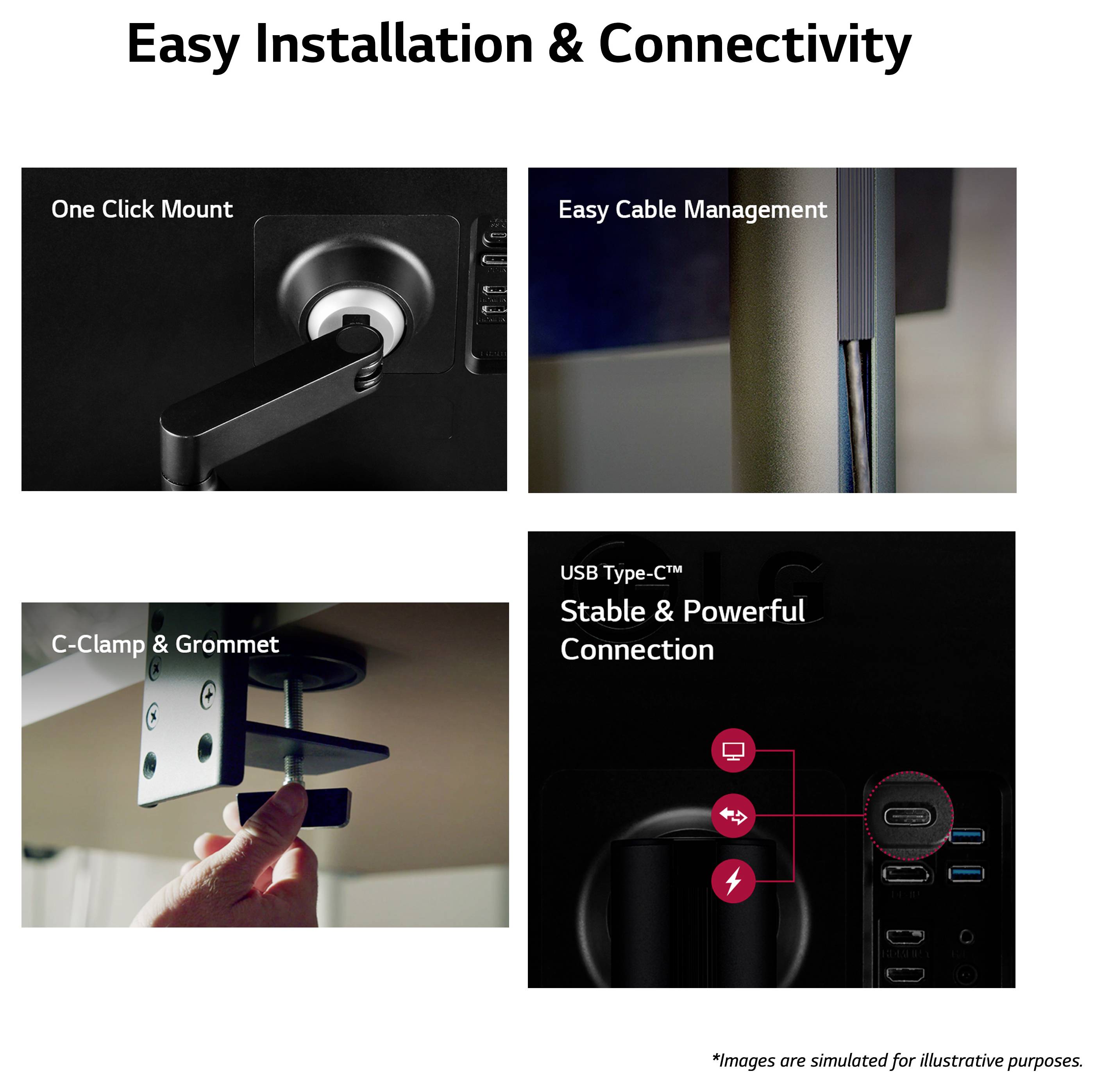 'Einfache Installation & Konnektivität' Funktionen: One-Click-Montage, Einfache Kabelführung, C-Klemme & Durchführung, USB Typ-C™ Anschluss.