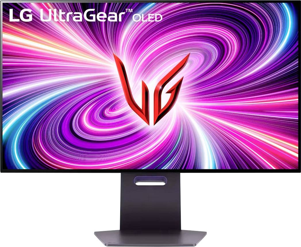 Ein Monitordisplay zeigt das Logo 'LG UltraGear OLED', mit einem lebhaften, wirbelnden Lichtmuster in Rosa und Violett im Hintergrund.