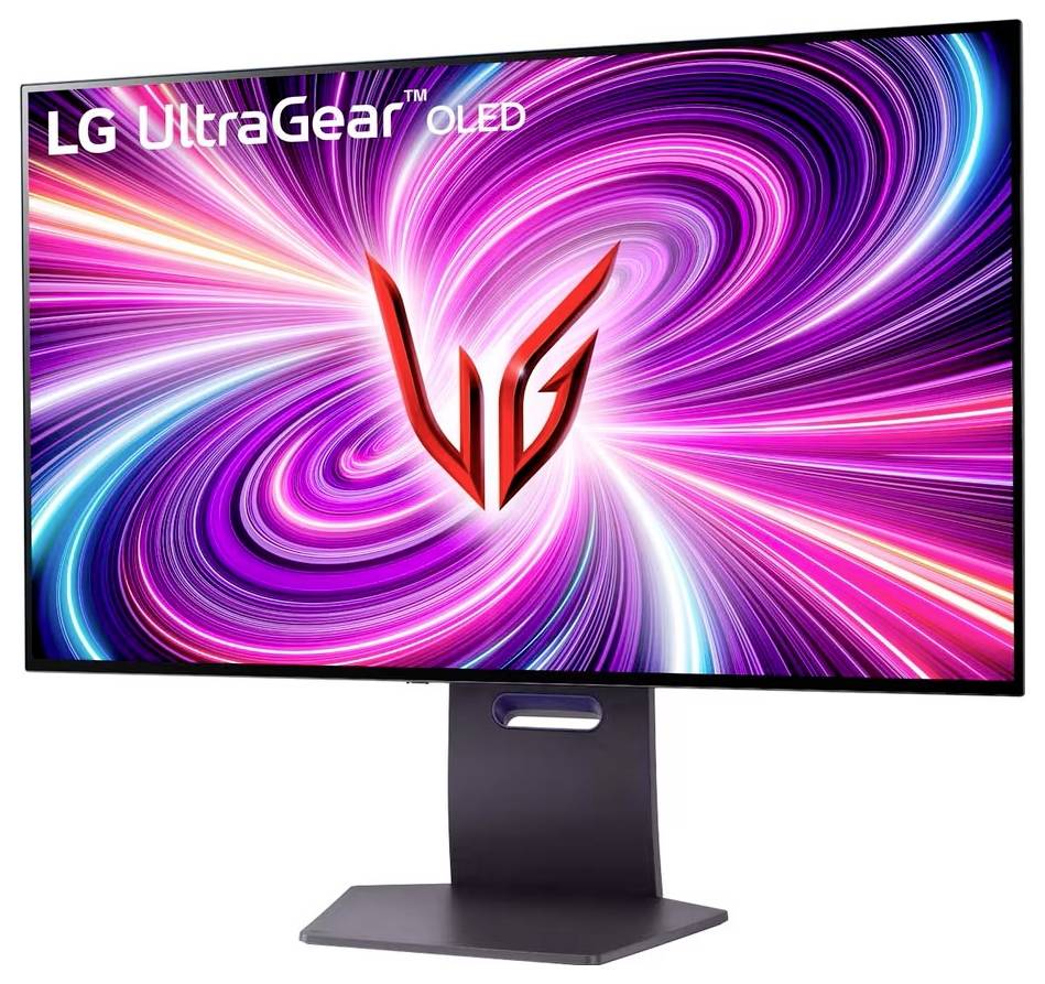Ein Monitor, der ein leuchtendes, farbenfrohe Wirbelmustern zeigt, mit dem Logo 