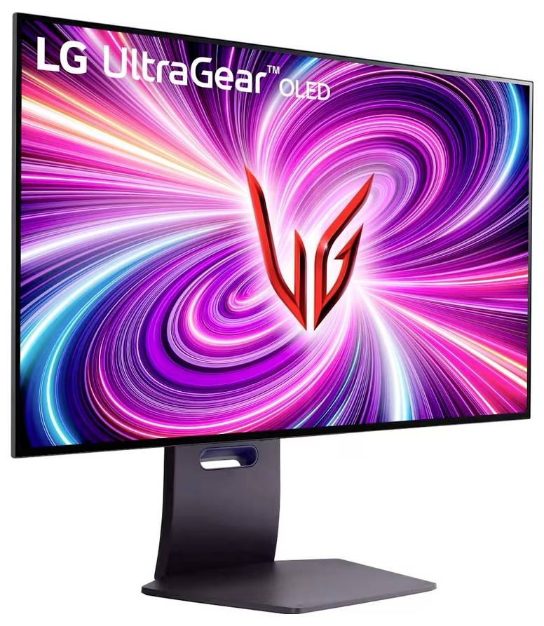 LG UltraGear OLED-Monitor, der eine dynamische Spirale aus rosa und violetten Lichtmustern zeigt, mit dem LG-Logo in der Mitte.