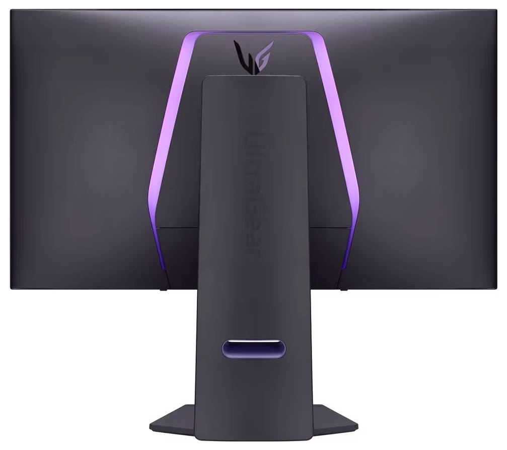 Das Bild zeigt die Rückseite eines LG UltraGear Gaming-Monitors mit einem eleganten Ständer und leuchtenden LED-Lichtern, die eine V-Form bilden.