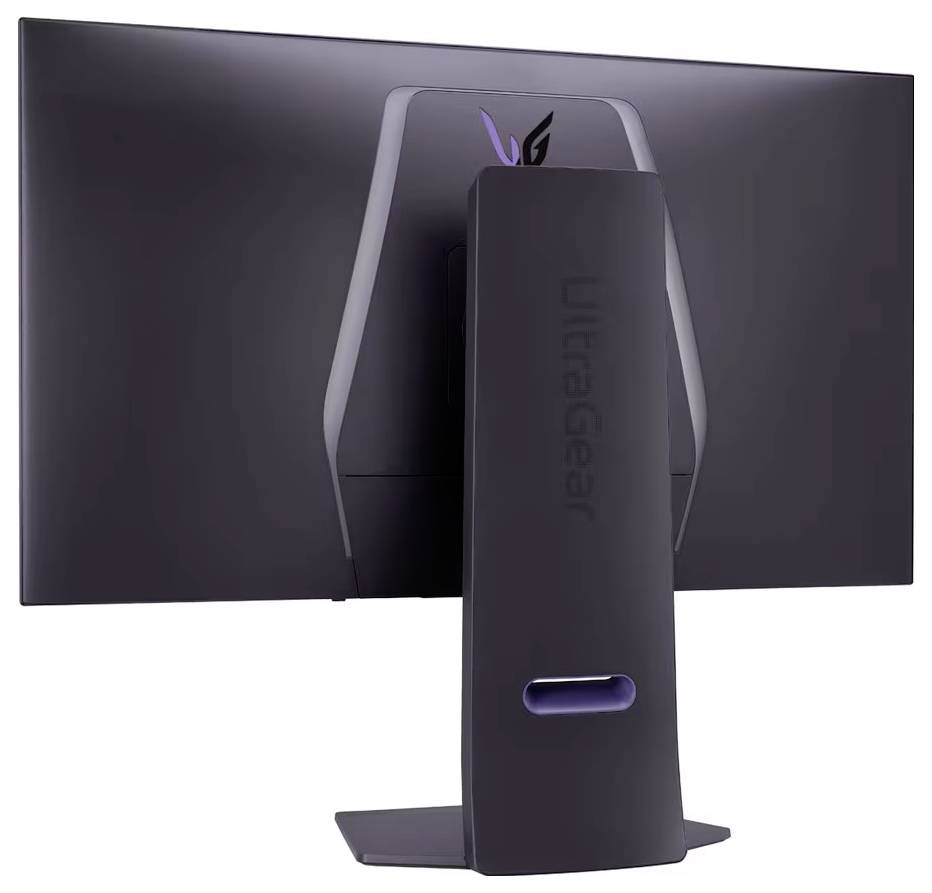 Ein schlanker Monitor von hinten betrachtet, mit matter Oberfläche und 'UltraGear' Branding am Ständer, was auf eine Gaming-Ausrichtung hindeutet.