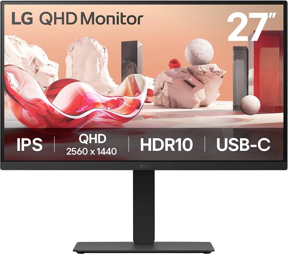 LG 27-Zoll QHD-Monitor mit Eigenschaften: IPS, QHD-Auflösung 2560x1440, HDR10, USB-C. Hintergrund zeigt abstrakte Formen und Farben.