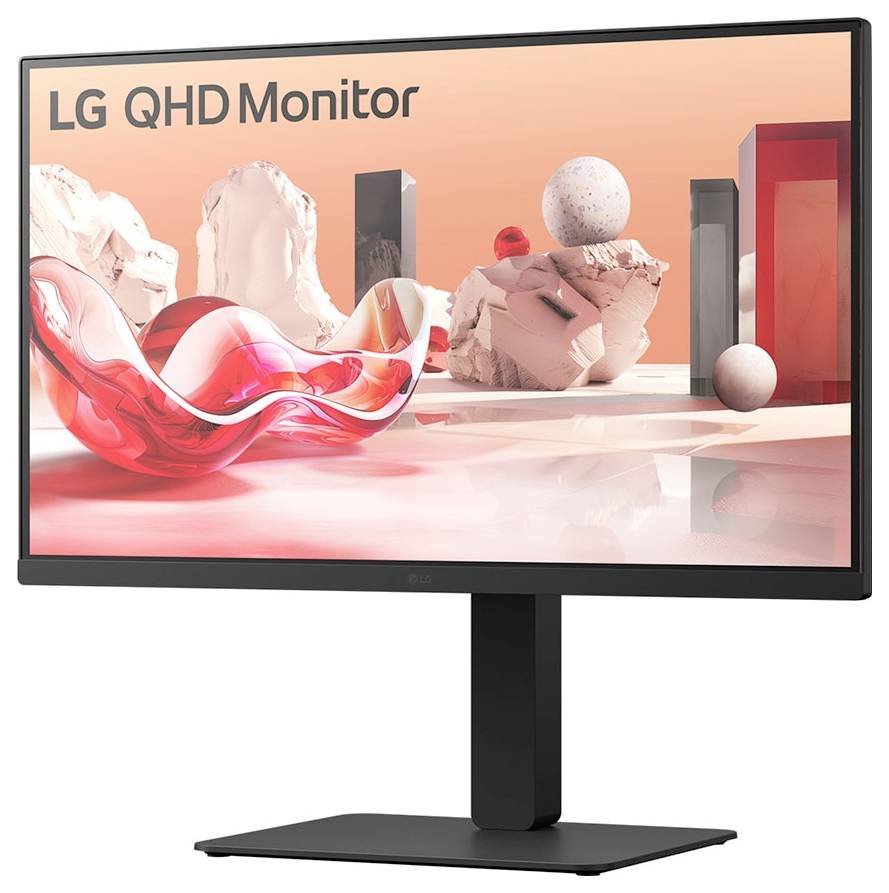 Ein Monitor, der abstrakte 3D-Formen und Objekte in Rosa- und Rottönen anzeigt. Der Bildschirm zeigt den Text 