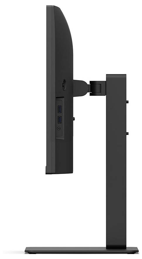 Seitenansicht eines schmalen, schwarzen Monitors auf einem Ständer, der USB-Anschlüsse und eine Gelenk zur Winkeleinstellung zeigt.