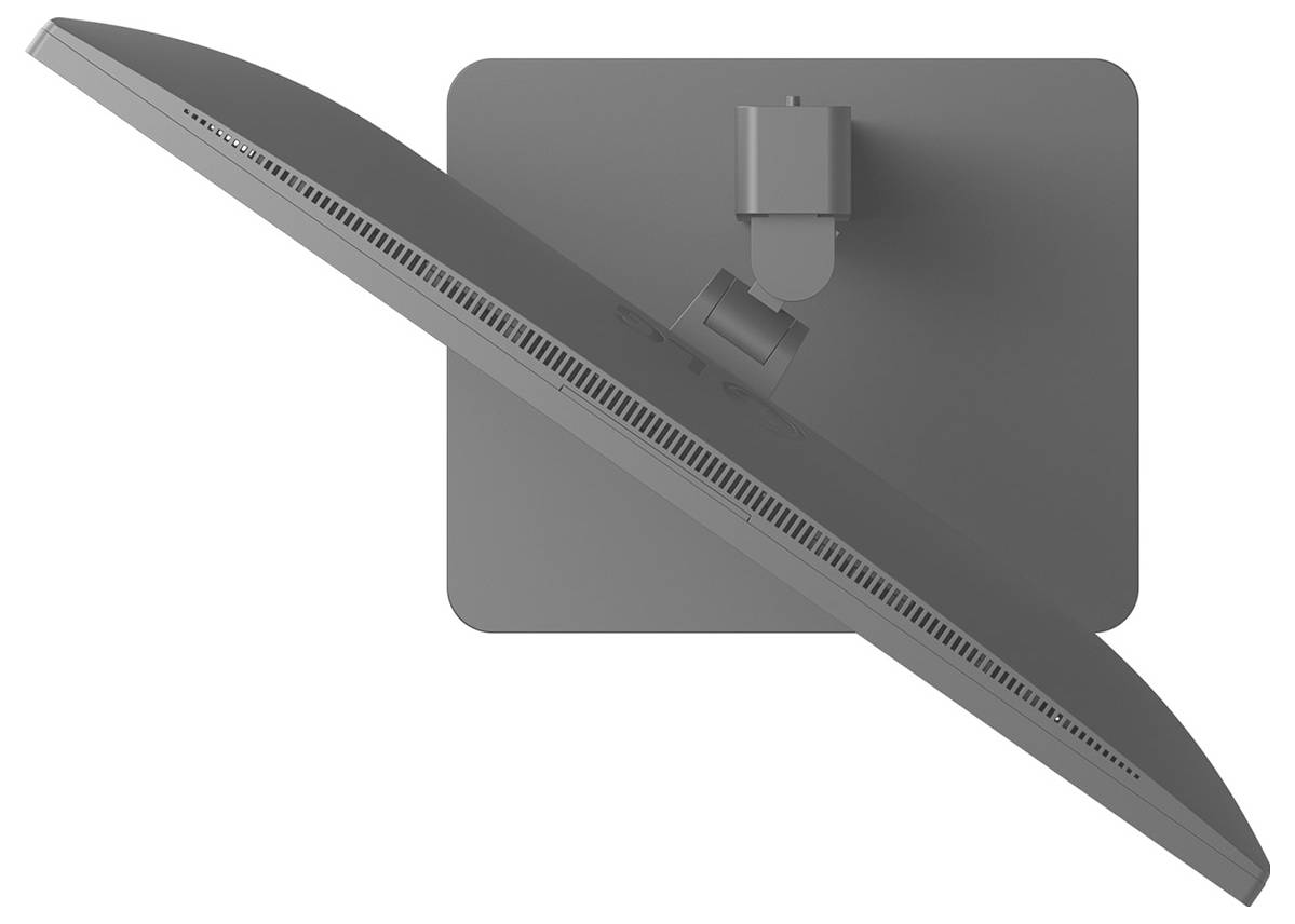 Ein Flachbildschirm-Monitor, von oben in einem schrägen Winkel betrachtet, der seinen Ständer und das Rückpanel zeigt.