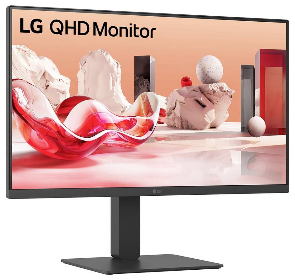 Ein schlanker Monitor, der ein abstraktes 3D-Design mit dem Text 'LG QHD Monitor' zeigt, auf dem künstlerische steinähnliche Objekte und rote Formen zu sehen sind.