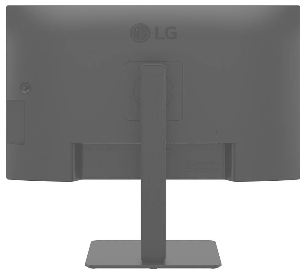 Das Bild zeigt die Rückansicht eines LG-Computermonitors auf einem Ständer mit einem minimalistischen Design und einem zentralen Standfuß zur Unterstützung.