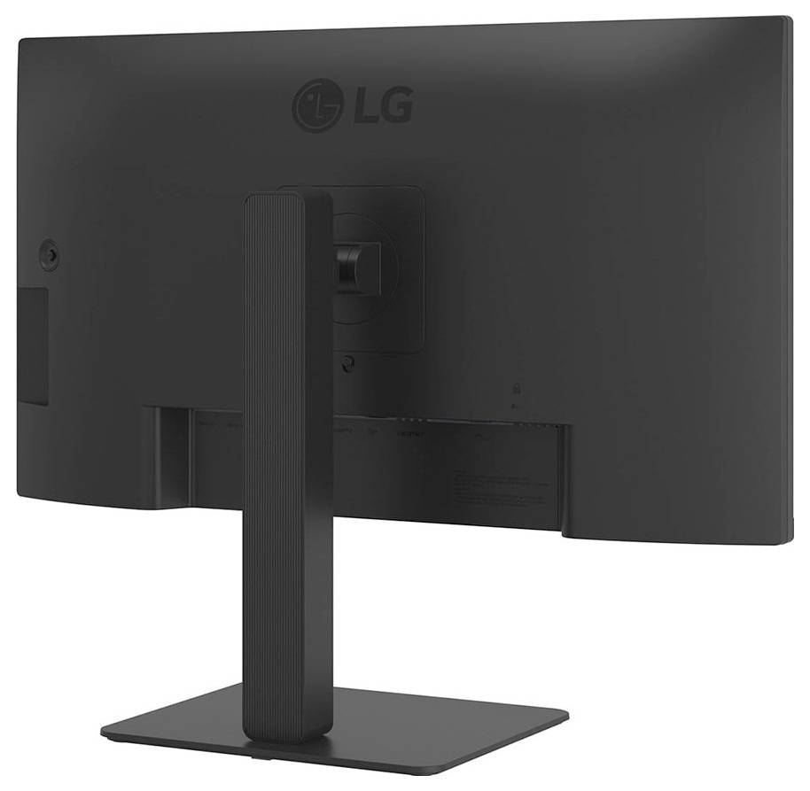 Rückansicht eines schwarzen LG-Computermonitors auf einem rechteckigen Ständer, die die Anschlüsse und die Montagehalterung zeigt, vor einem einfarbigen Hintergrund.