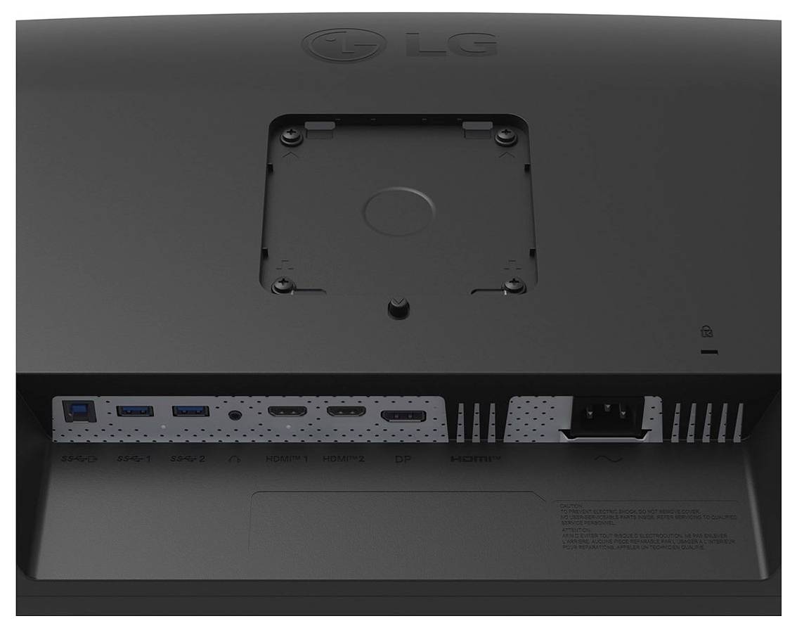LG-Monitorrückseite mit VESA-Halterungsbereich und verschiedenen Anschlüssen einschließlich HDMI, DisplayPort, USB 3.0 und Stromanschluss.