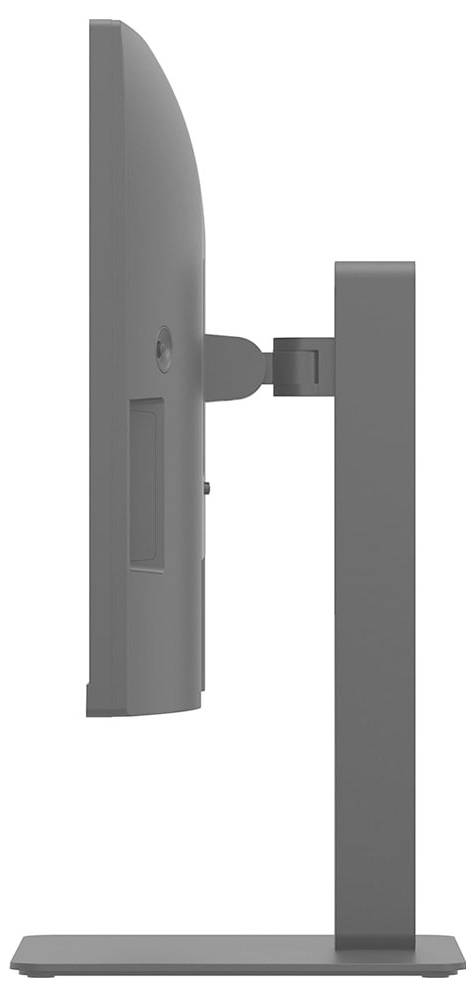 Seitenansicht eines Computermonitors mit dünnem Profil und rechteckigem Ständer, wobei das elegante Design und der verstellbare Scharniermechanismus hervorgehoben werden.