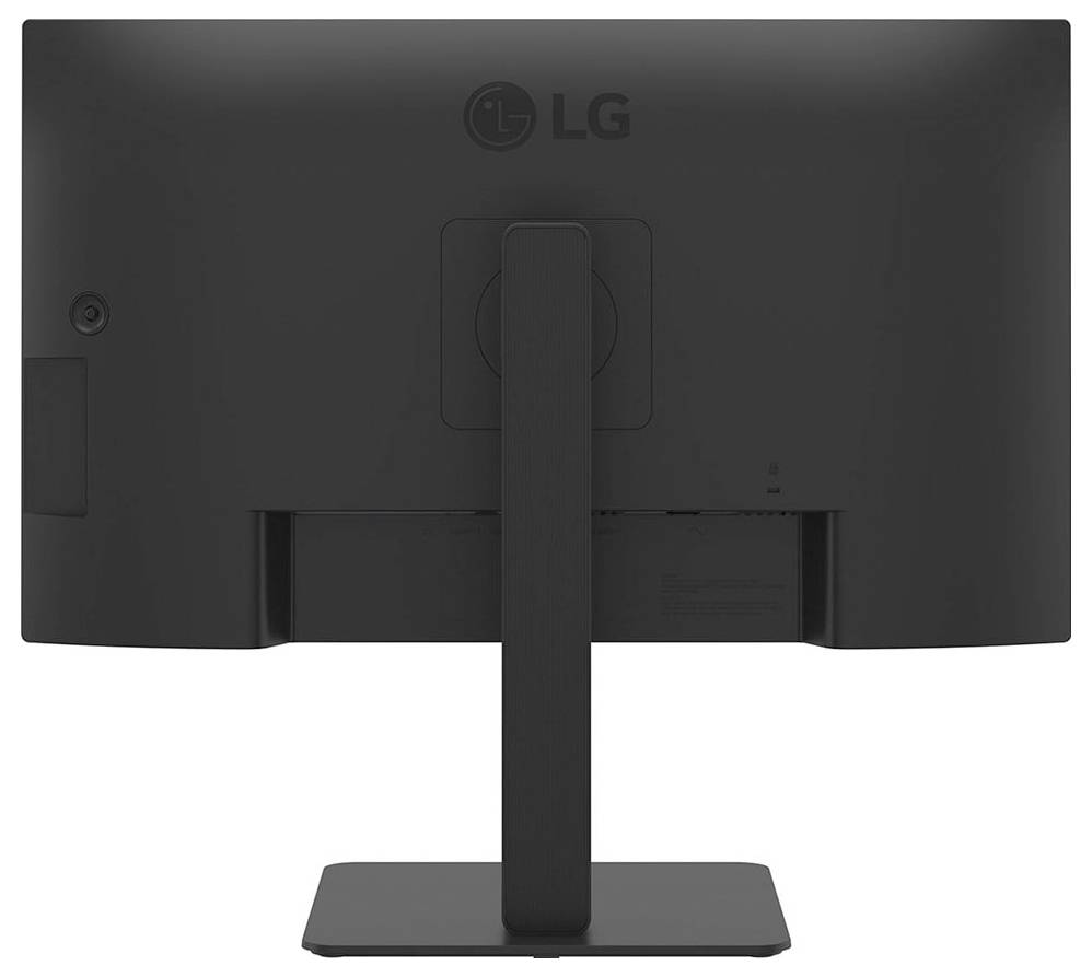 Das Bild zeigt die Rückseite eines LG-Computermonitors mit einem rechteckigen Ständer. Der Monitor ist schwarz und hat minimale Designdetails.